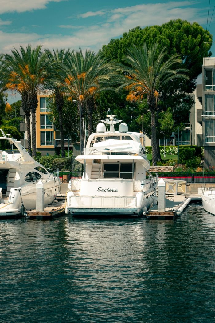 Mastering the First Impression: Your intriguing post title goes here A luxury yacht docked at Marina del Rey, surrounded by palm trees and clear skies.